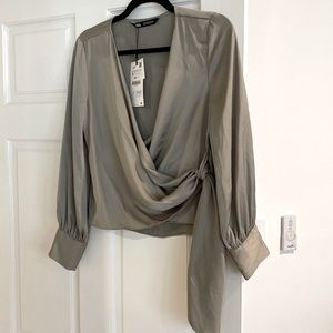 Zara olive satin crossover top small NWT!